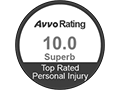 Avvo Rating 10.0 Superb. Top Rated Personal Injury badge, gray circle with white and black text.