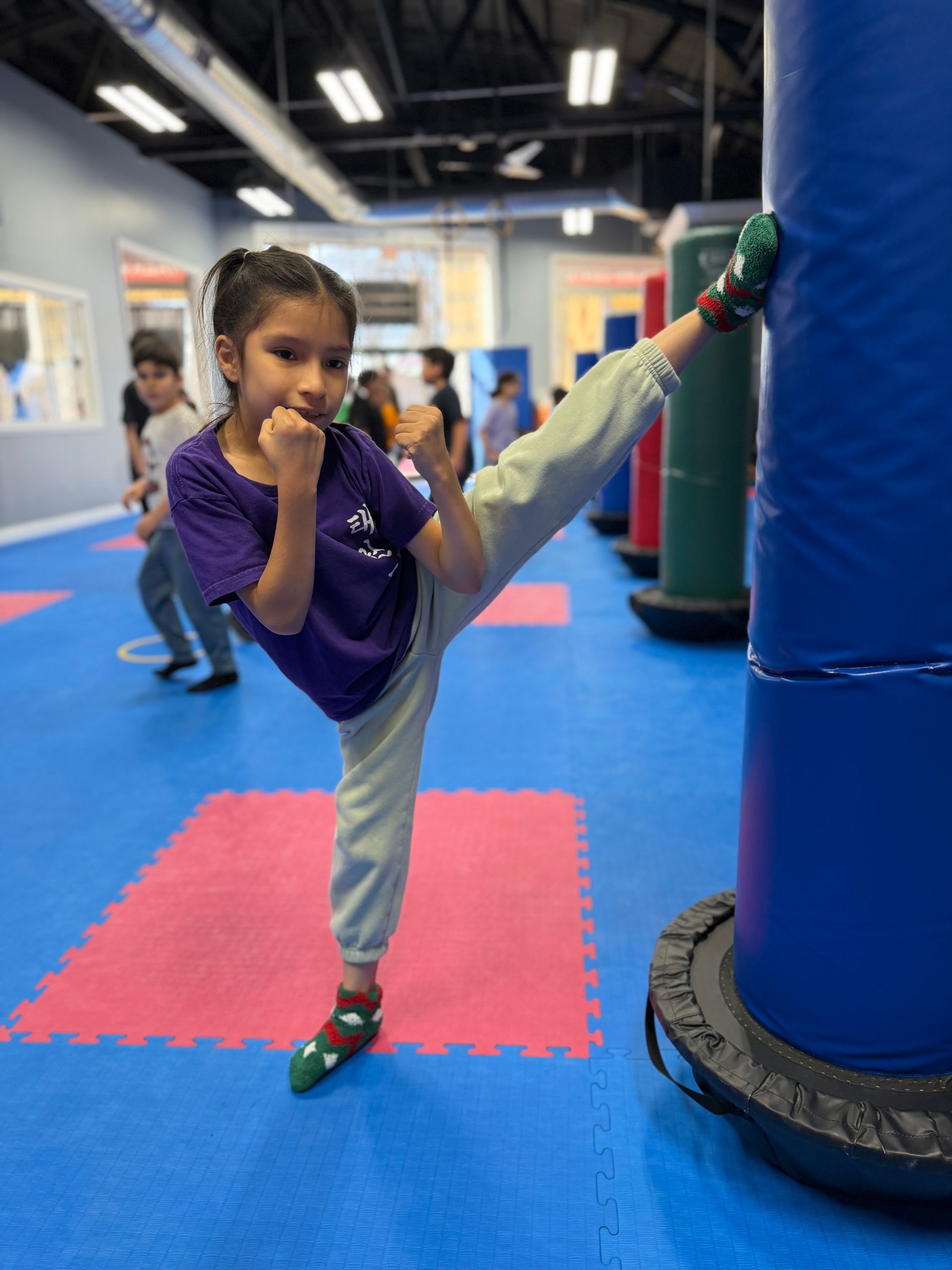 Group of children and adults in a martial arts school. U.S. and Turkish flags hang on the wall.