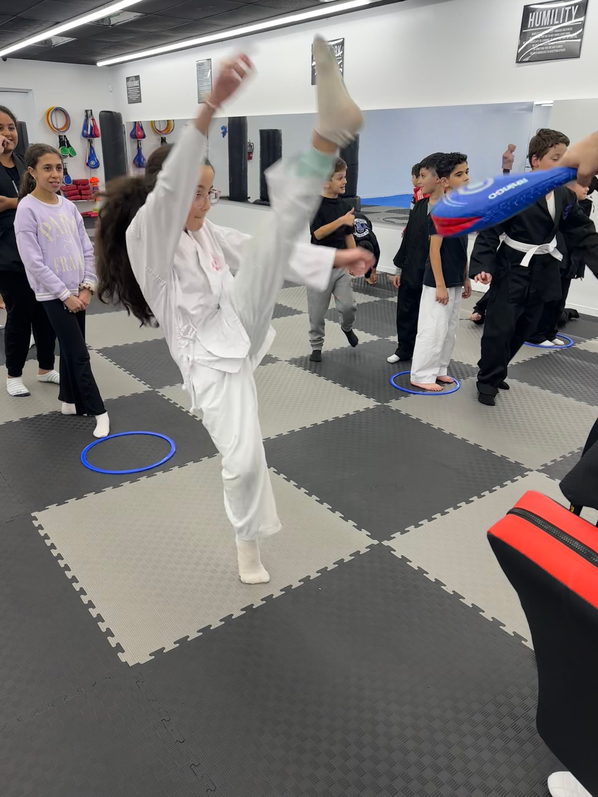 Martial arts class practicing high kicks on padded mats in a studio