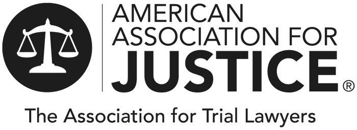 The american association for justice logo is black and white and says the association for trial lawyers.