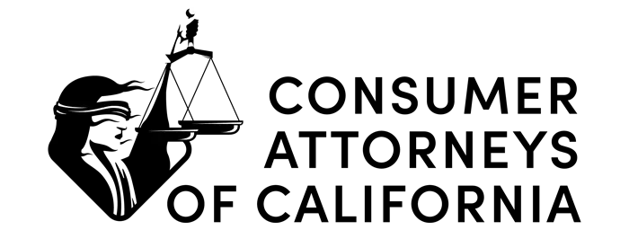A black and white logo for consumer attorneys of california