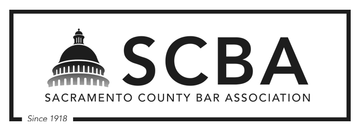 The logo for the sacramento county bar association is black and white.