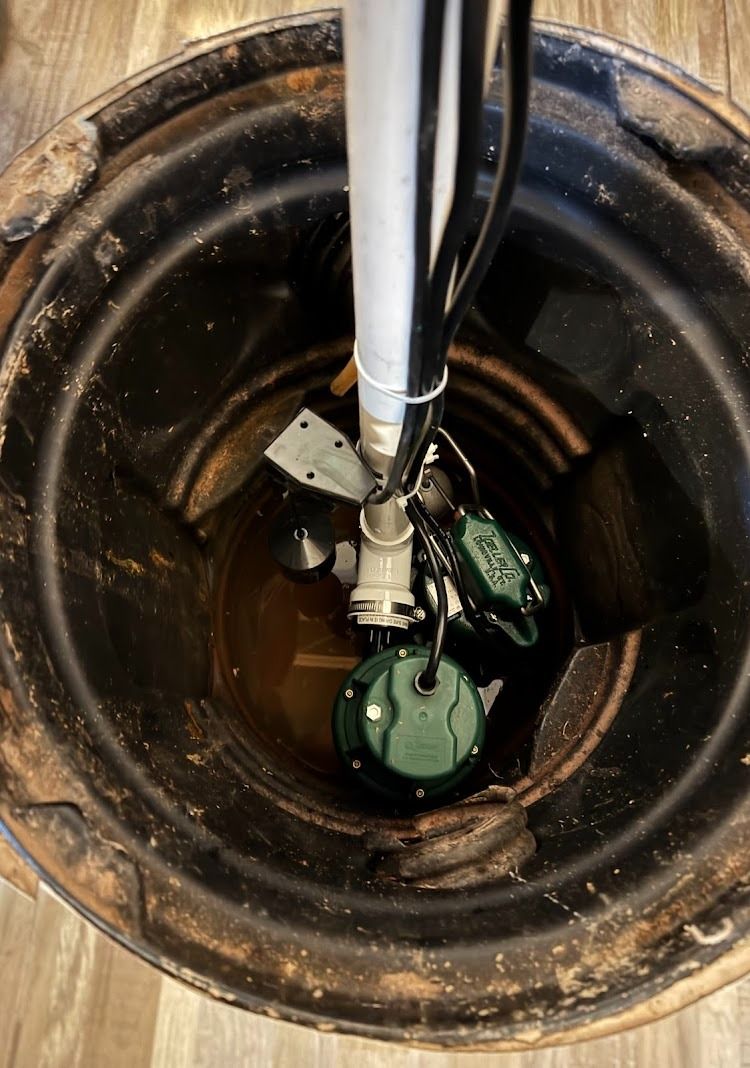 Sump pump in a dark, round pit. Green float switch and electrical wires visible.