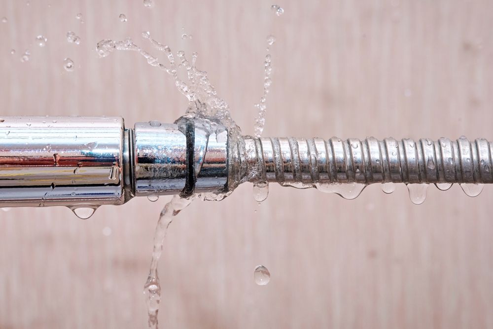 Water spraying from a leaky metal hose connection. Drops of water visible.