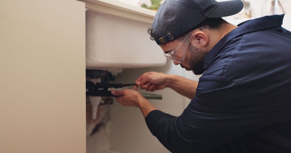 Man in cap and glasses fixing appliance with a tool. White appliance in the background.