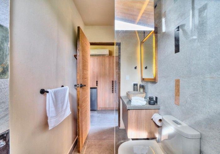Bathroom with light wood door and cabinets, glass shower, toilet, and sink.