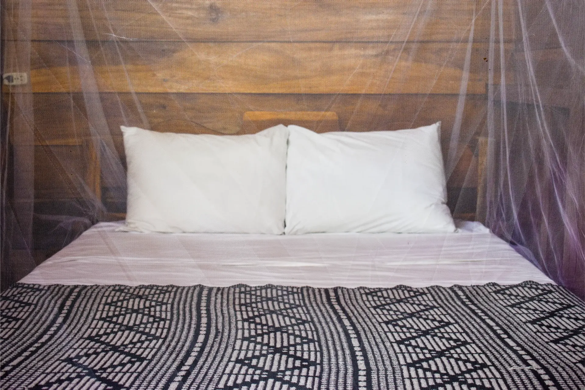 Bed with white pillows and patterned blanket, enclosed by a mosquito net.