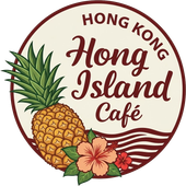 Hong Kong Island Caf&eacute; logo with pineapple, hibiscus, and maroon script on a cream round badge
