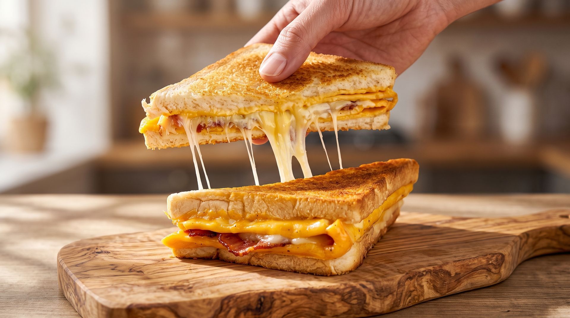 Hand lifting a gooey grilled cheese sandwich from a wooden cutting board in a kitchen