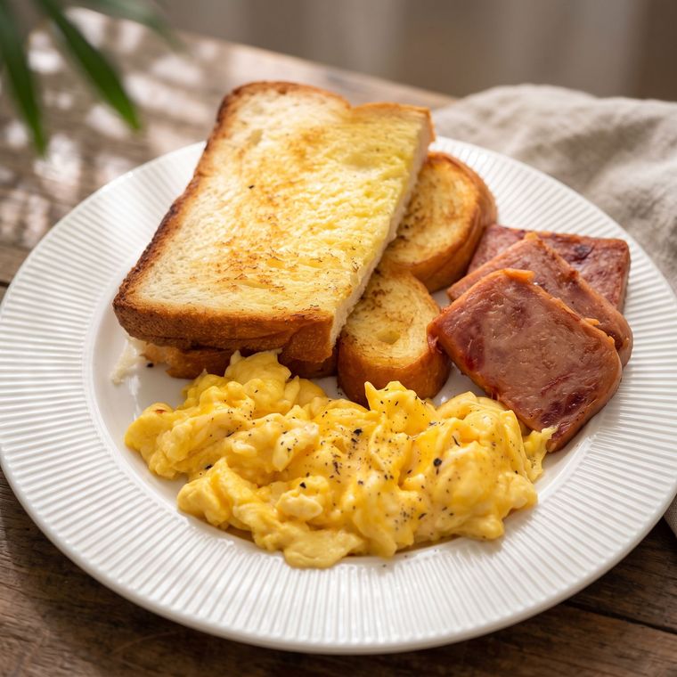 Plate with toast, scrambled eggs, and two slices of bacon on a white dish