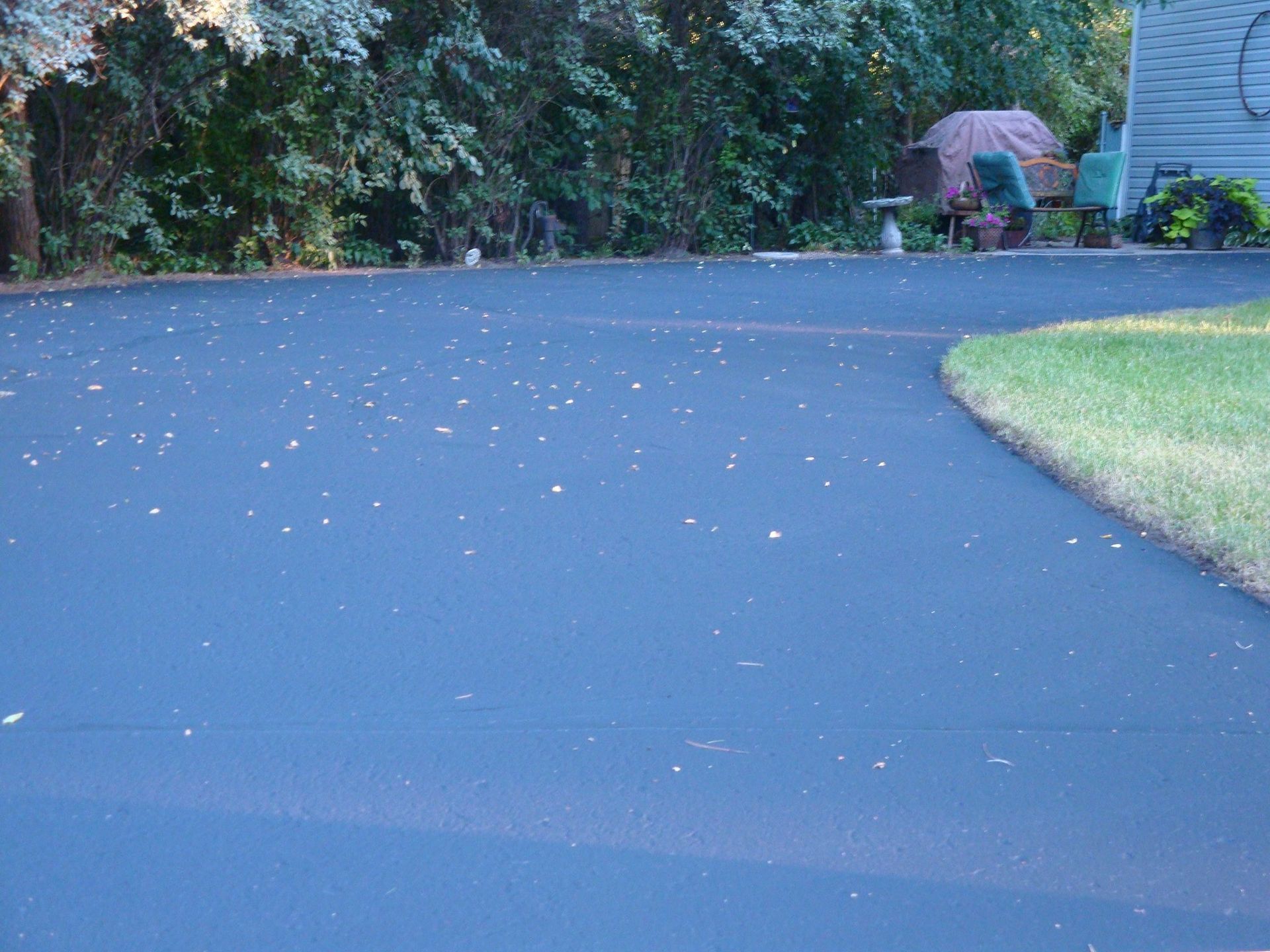 Black asphalt driveway with small white flecks, curving towards a lawn and wooded area.