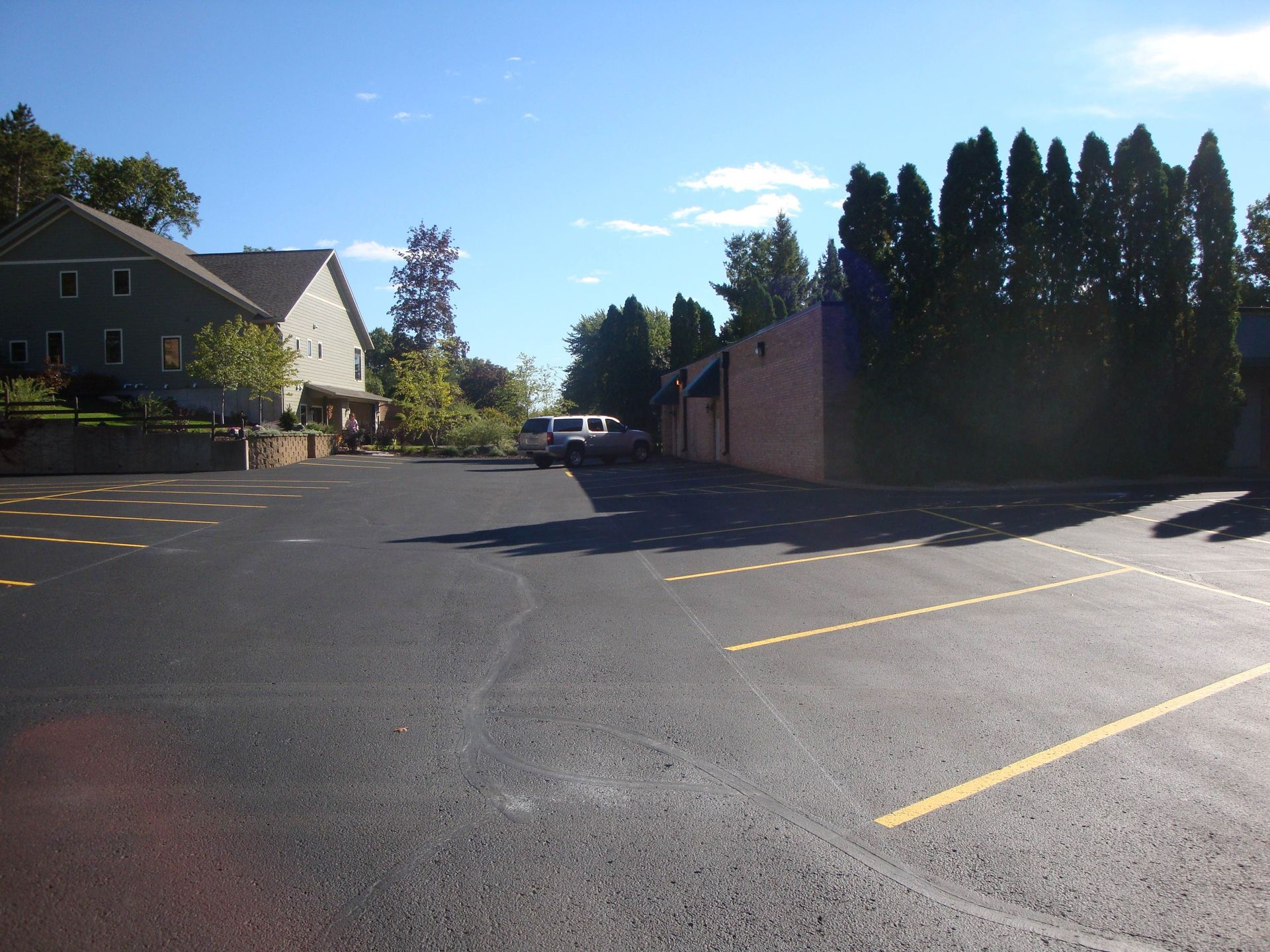 Black asphalt parking lot with yellow lines. Buildings and tall trees on either side, bright sunny day.