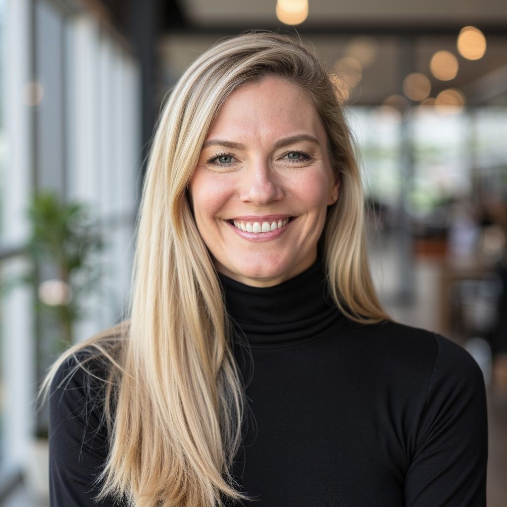 Smiling blonde woman in a black turtleneck in a bright indoor setting