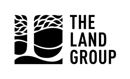 Black-and-white logo for The Land Group with stylized tree and landscape icon