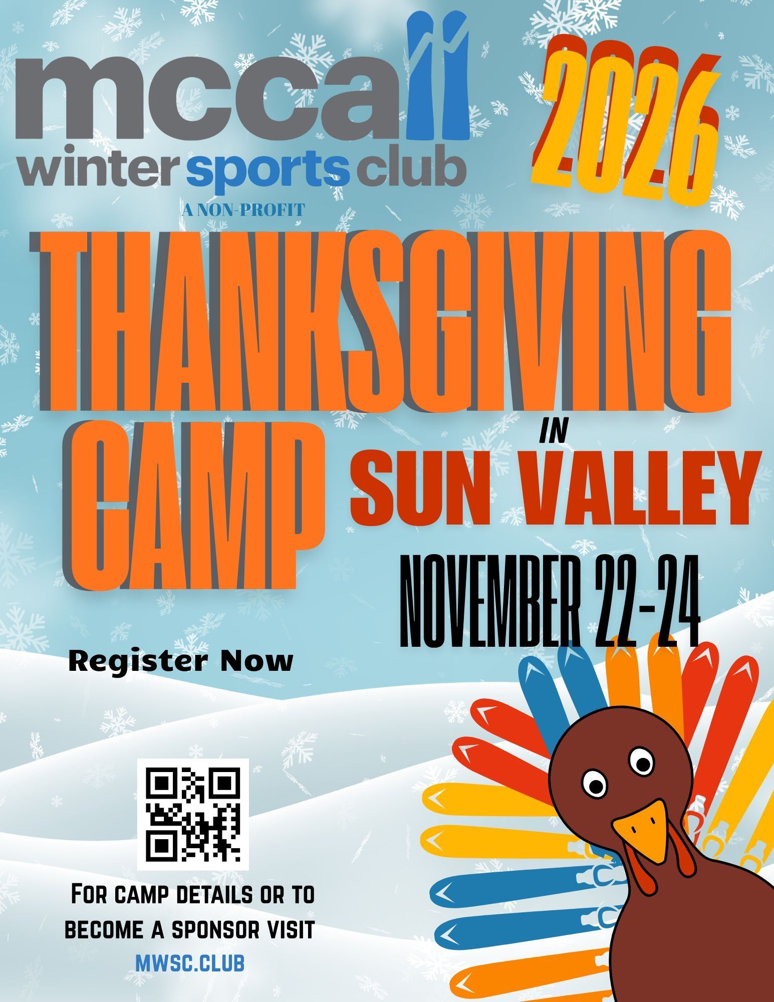 McCall Winter Sports Club Ski Bum Scramble poster, June 12th 5 pm, golfer, ski club logo, mountains and sunset