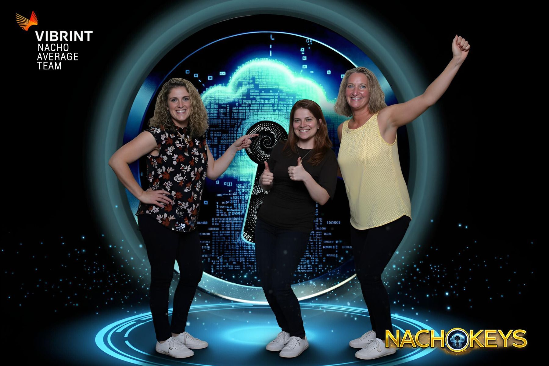 Corporate photo booth guests inside a custom immersive digital environment designed for Vibrint's Nachokeys Contract Win Celebration before their AI transformation.