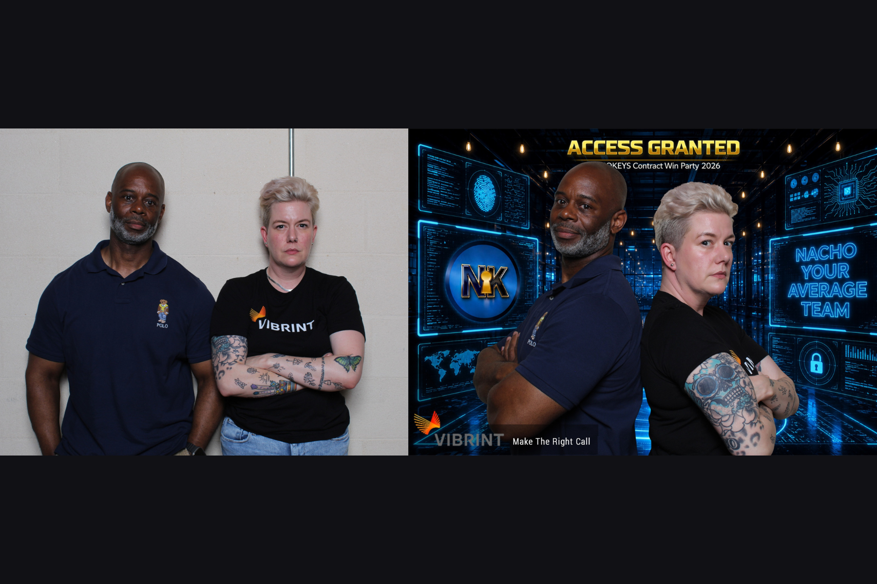 Original corporate photo placed into a custom branded digital environment before the final AI transformation for Vibrint's Nachokeys Contract Win Celebration.