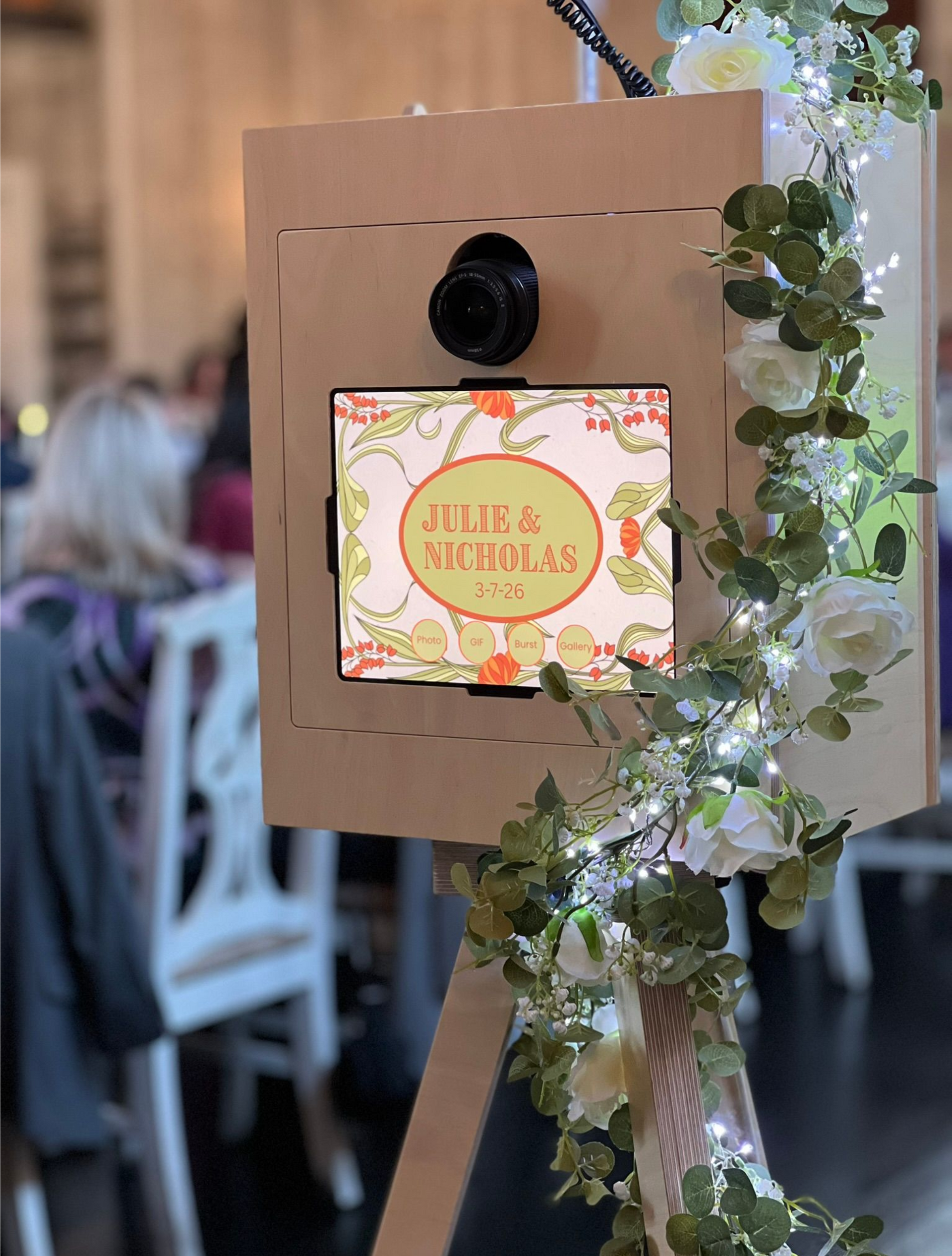 Our gorgeous vintage prelude complete with custom attract screen complete with lighted floral garland. Our Vintage Prelude Wedding Photo Booth with custom attract screen that matched their theme exactly set up at the Blackwall Barn and Lodge in Gambrills Maryland.