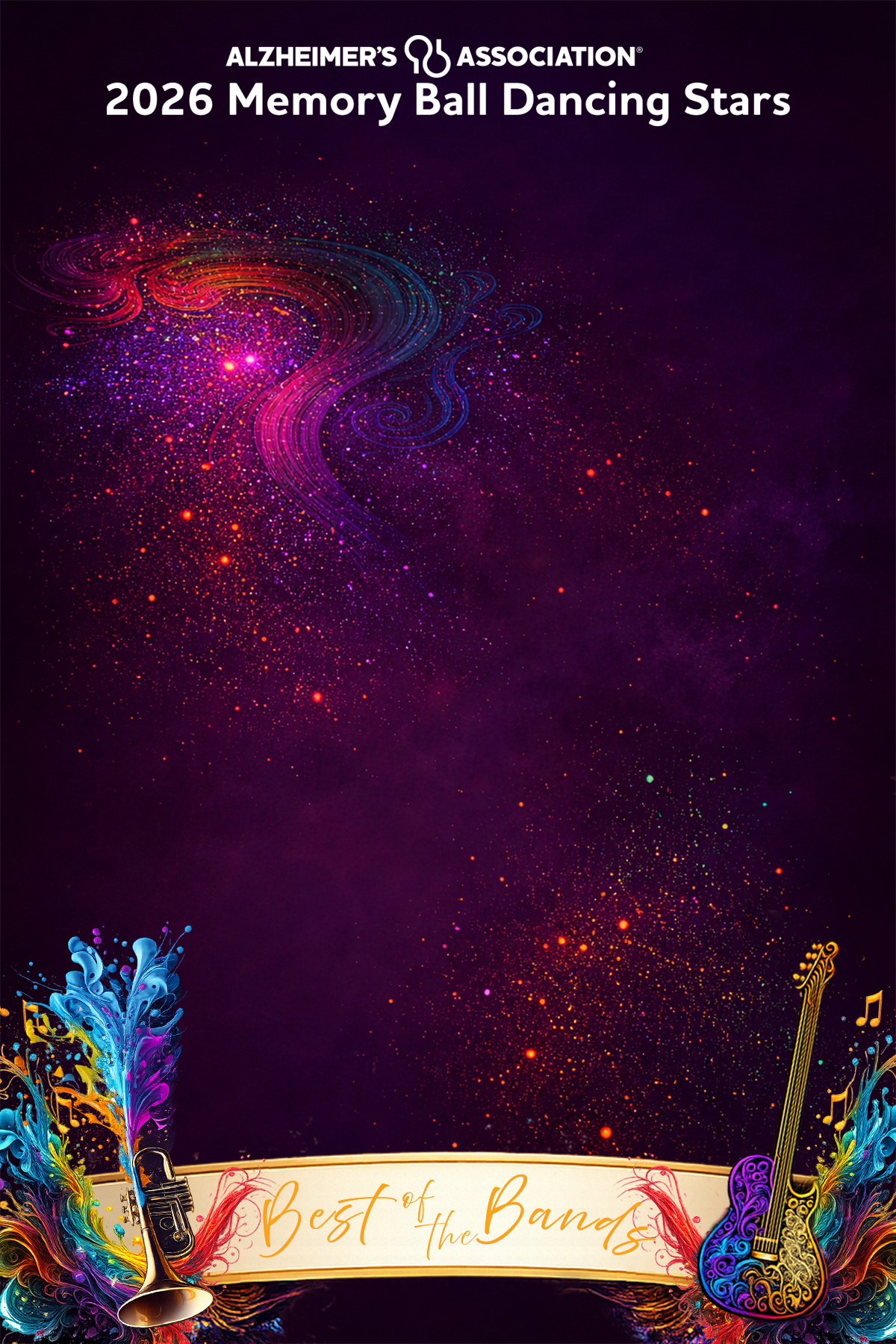 Custom Best of the Bands digital photo booth background designed for the 2026 Alzheimer's Association Memory Ball.