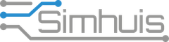 Een logo voor een bedrijf genaamd simhuis met pijlen die in tegengestelde richtingen wijzen.