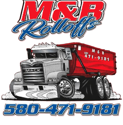 M&B Rolloffs logo featuring a red and silver truck with "MACK" displayed on the front. Phone number 580-471-9181.