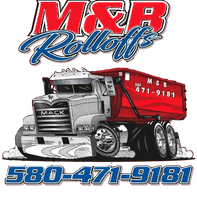 M&B Rolloffs logo featuring a red and silver truck with "MACK" displayed on the front. Phone number 580-471-9181.