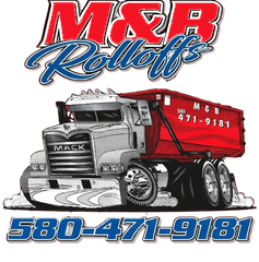 M&B Rolloffs logo featuring a red and silver truck with "MACK" displayed on the front. Phone number 580-471-9181.