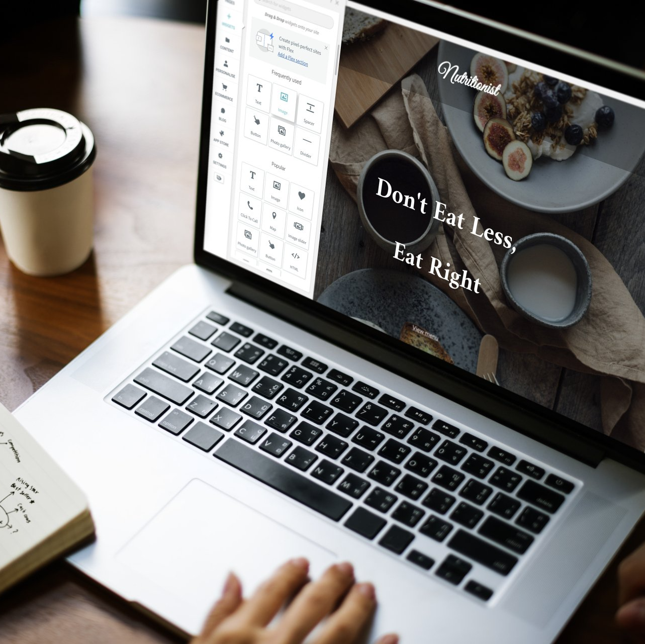Laptop displaying food website with text: