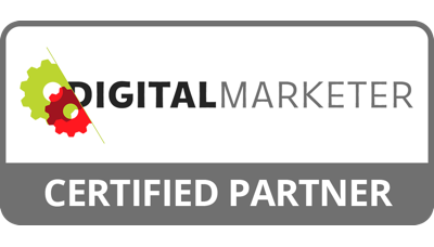 Digital Marketer Certified Partner logo with gears icon.