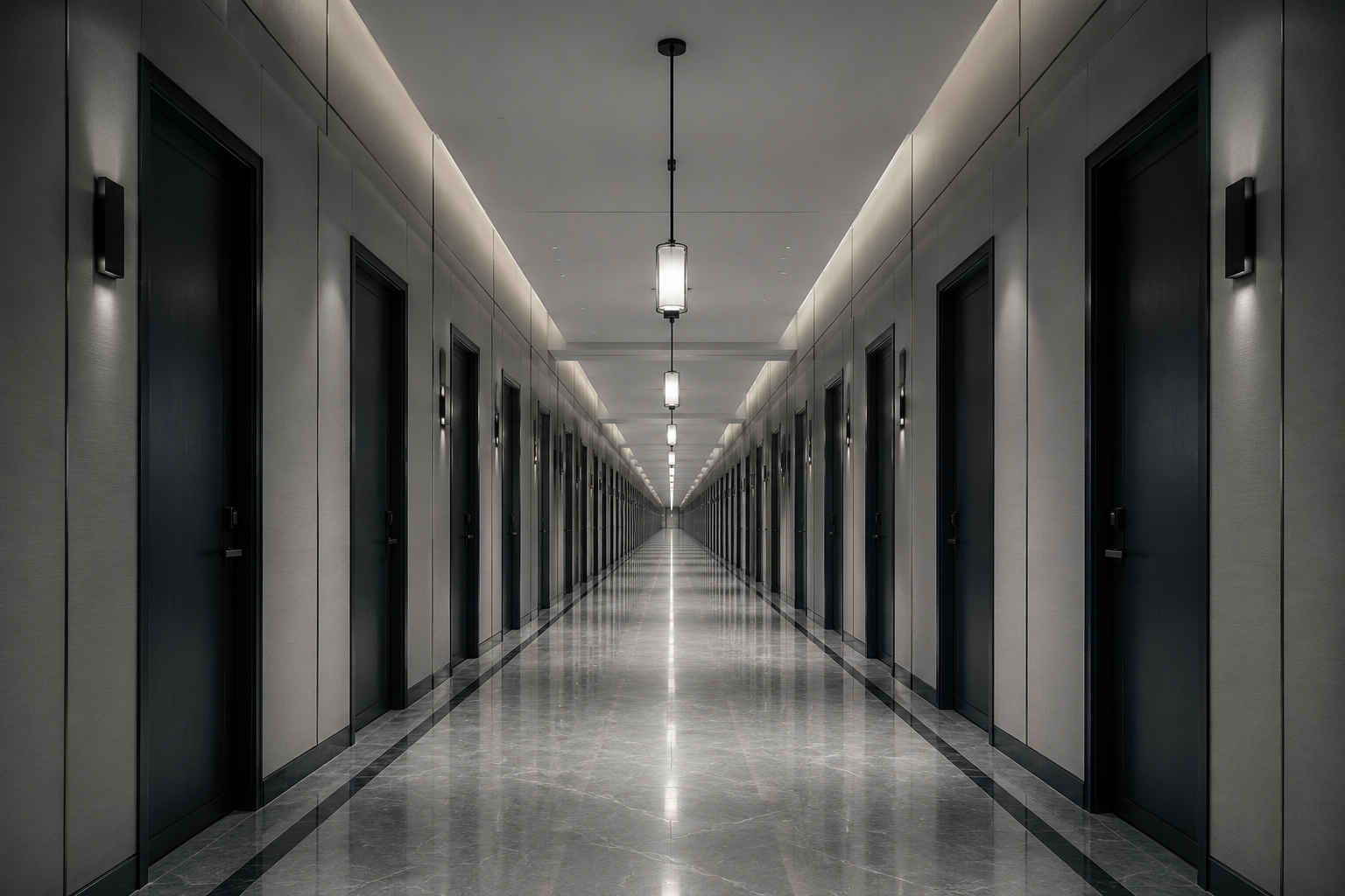 Long, empty prison corridor with cell doors and overhead lights, receding into the distance