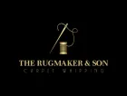 Logo: Gold needle and thread over a spool. Text: The Rugmaker & Son, Carpet Whipping on black background.