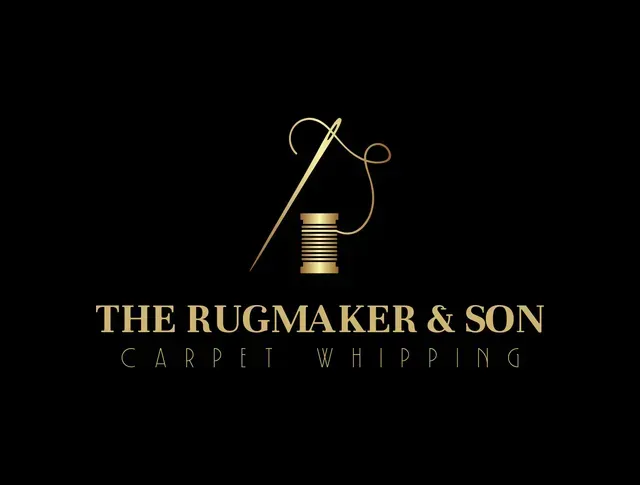 Gold logo on black background: Needle and thread over a spool of thread; text reads