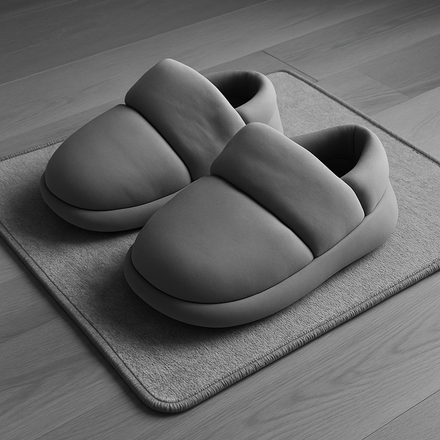 Gray slippers on a small gray rug, on a hardwood floor.