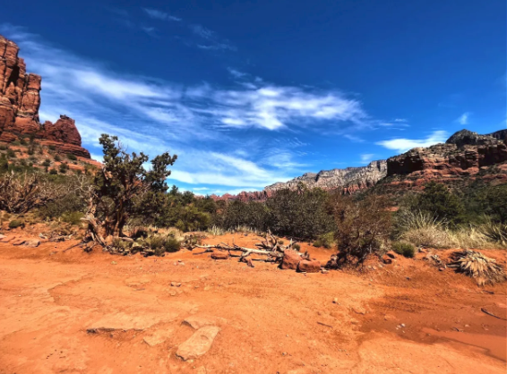 A desert landscape with mountains in the background and a blue sky