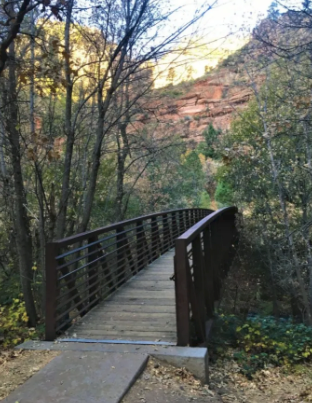 A bridge over a river surrounded by trees and rocks