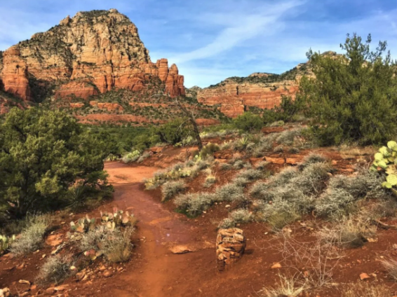 A dirt road in the desert with a mountain in the background.