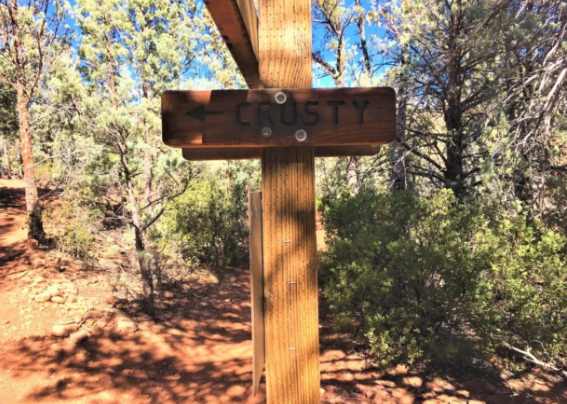 A wooden sign in the middle of a forest says crusty.
