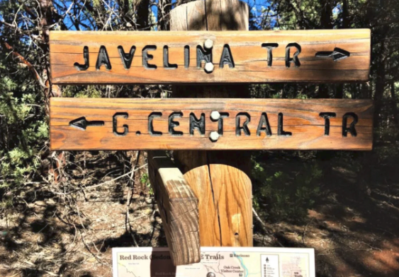 A wooden sign that says javelina tr and g. central tr