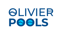 The logo for olivier pools is blue and white with a wave in the middle.