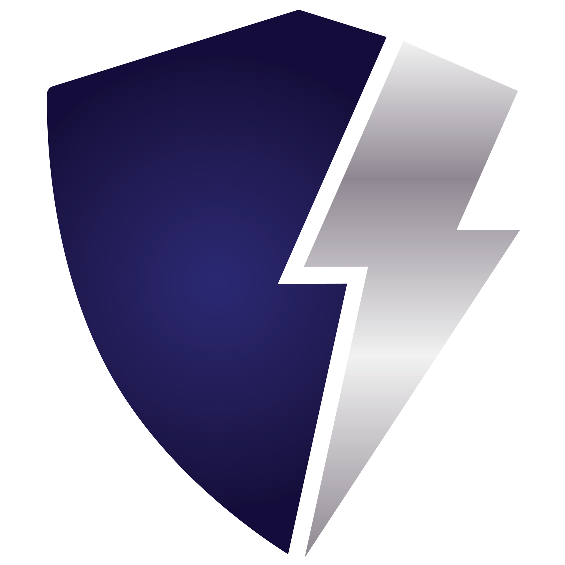 A dark blue shield icon bisected vertically by a silver lightning bolt.