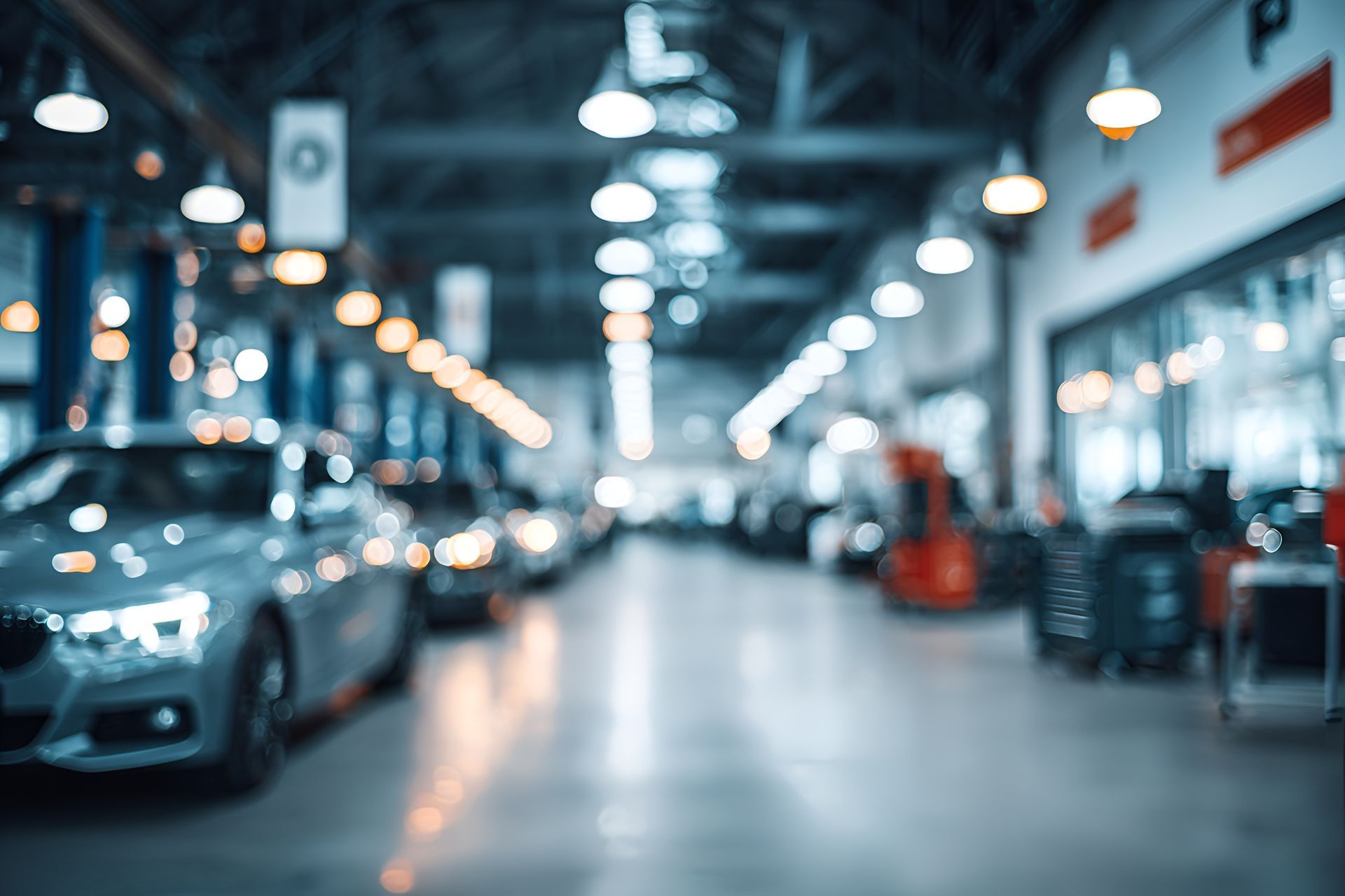 Blurred parking garage with cars lined up under bright overhead lights