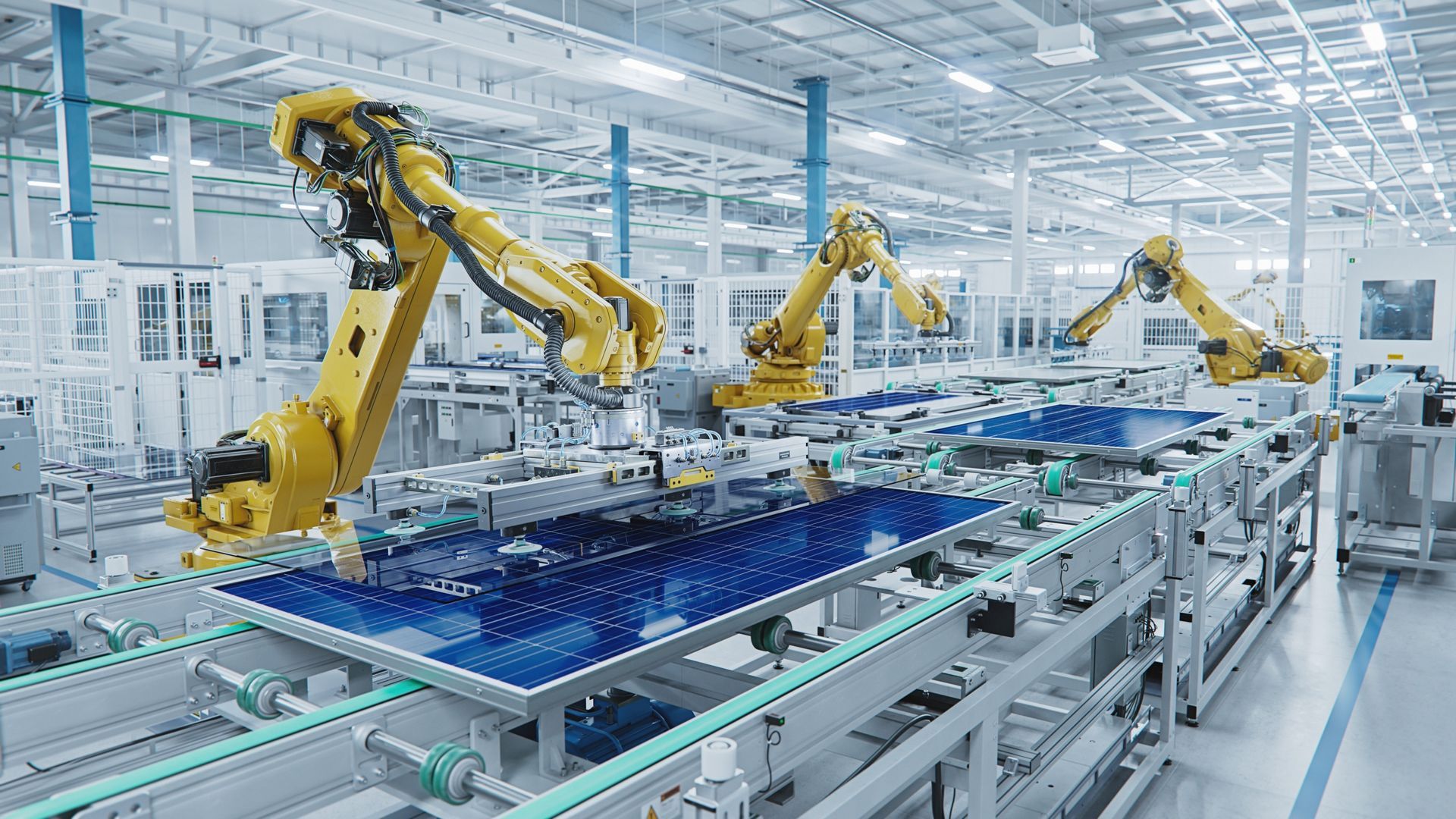 Robotic arms assembling parts on a factory conveyor in a bright automated production line