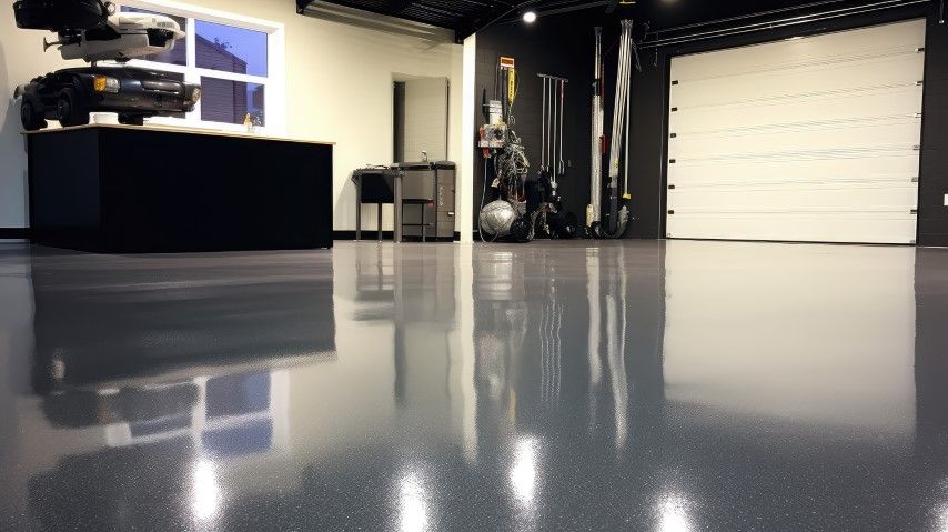 Empty garage with a glossy gray floor reflecting shelves, equipment, and a closed white garage door.