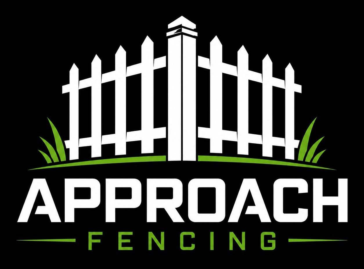 Approach Fencing South Coast White fence logo with green grass and the text “APPROACH FENCING” on a black background