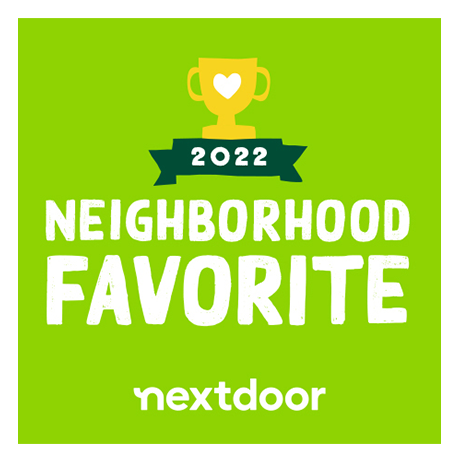 A green sign that says `` neighborhood favorite '' with a trophy on it.