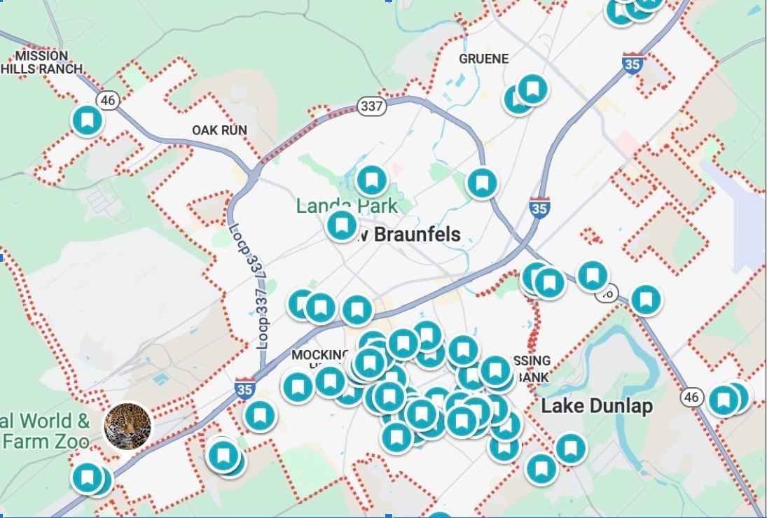 A map of a city with a lot of circles on it