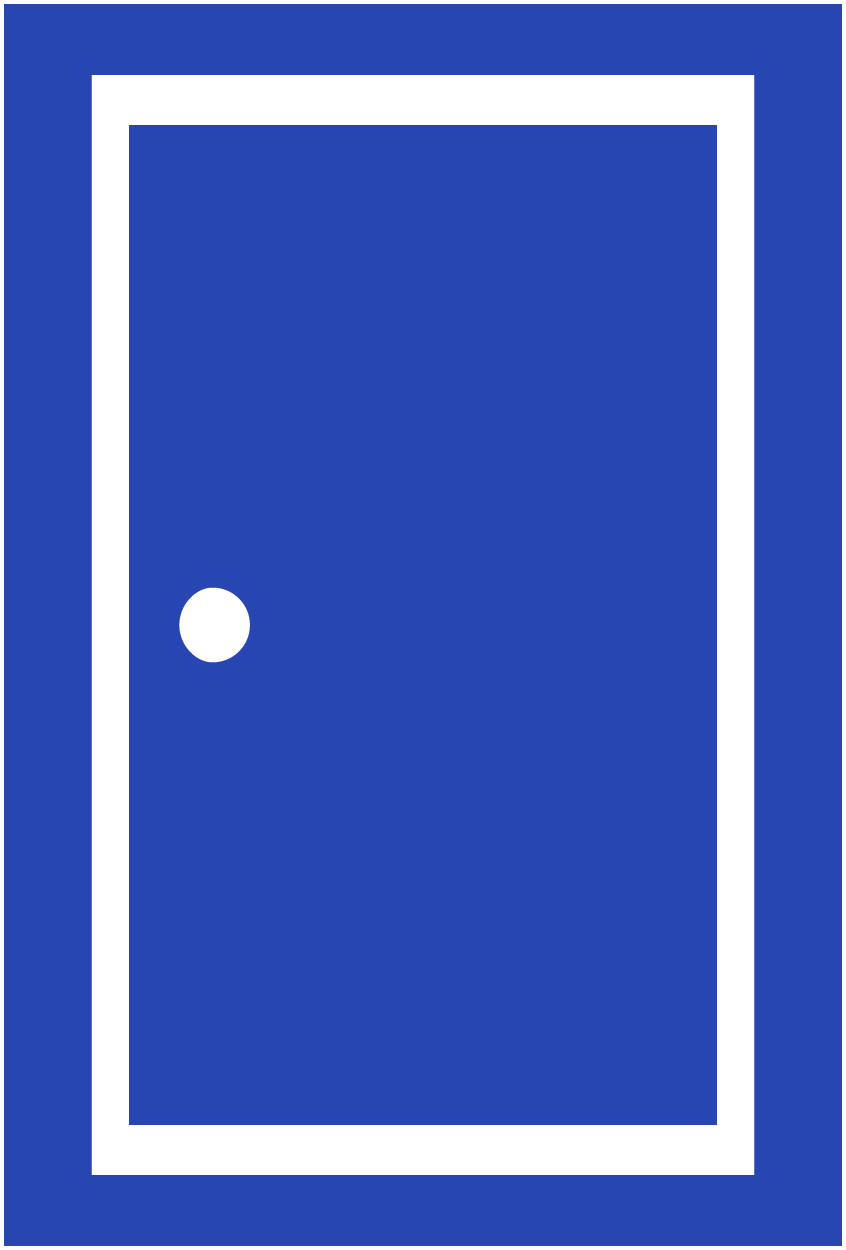 A blue door with a white border and a white handle on a white background.