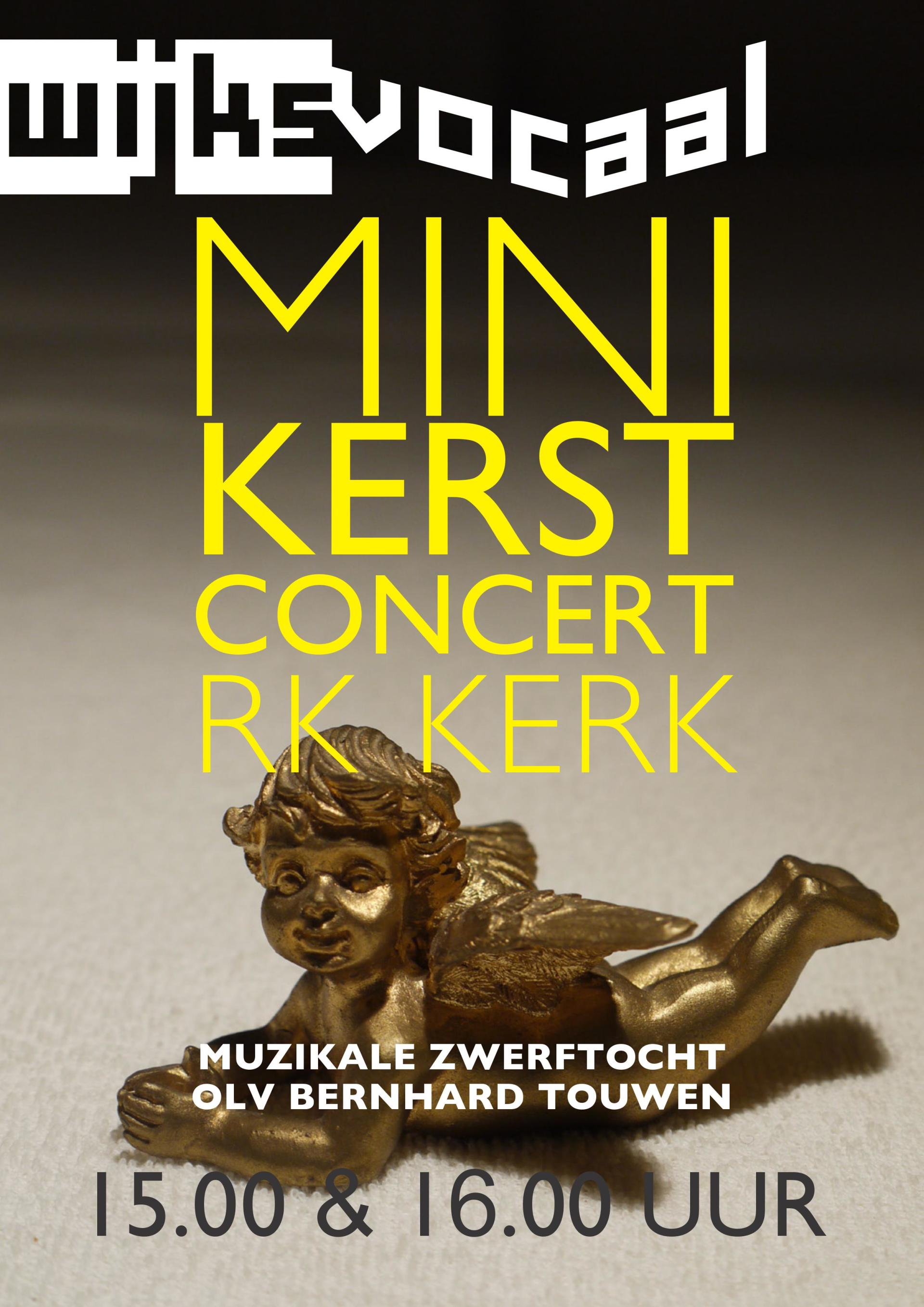 Poster voor een mini-kerstconcert in de RK-kerk, met een gouden cherubijn.