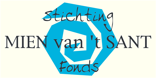 Logo van Mien van 't Sant Fonds, met tekst en een blauwe geometrische vorm op een crèmekleurige achtergrond.