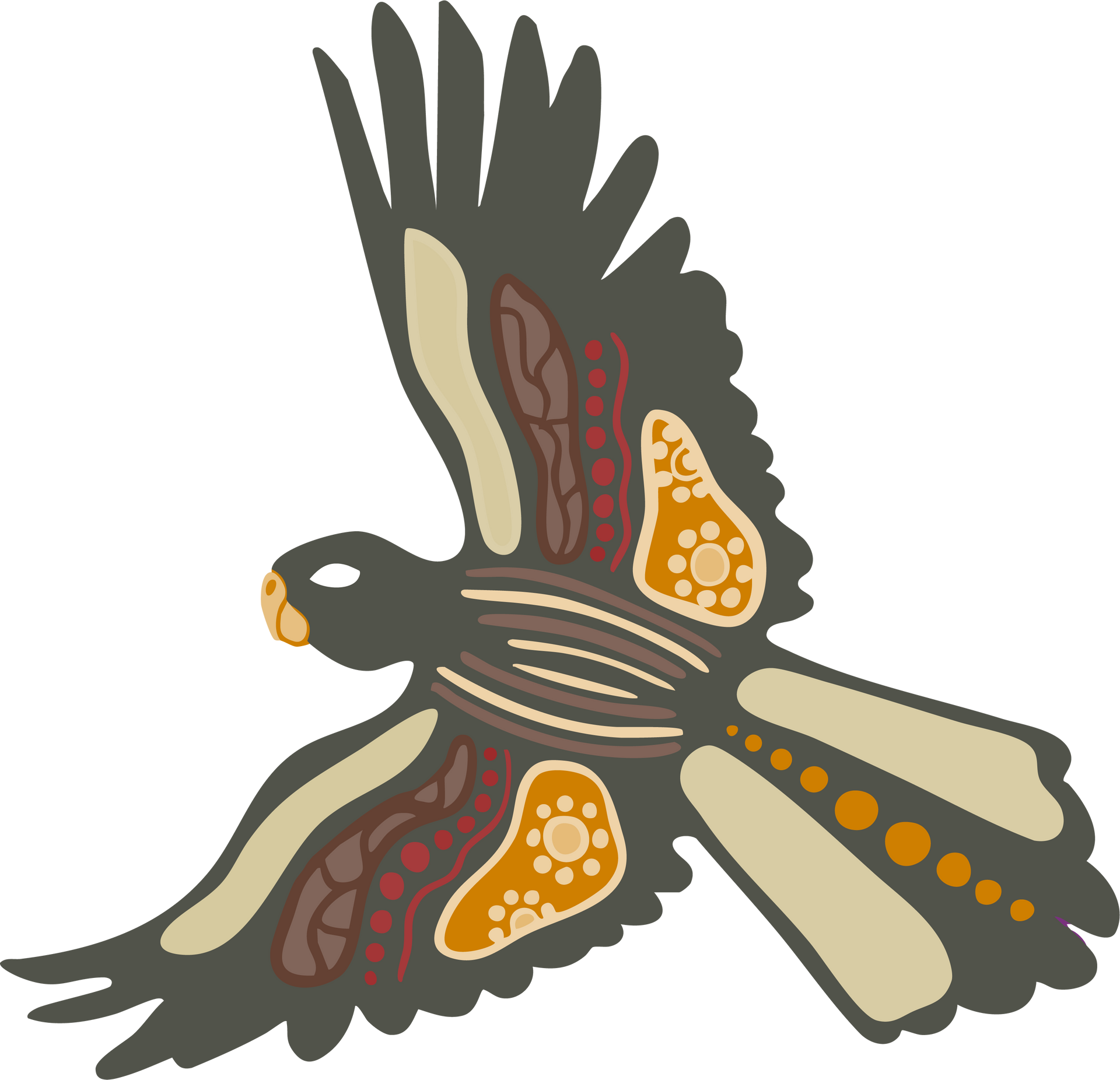 Stylized dark bird in flight, wings outstretched, with tan, brown, and orange interior designs.